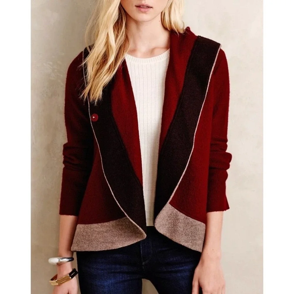Anthropologie Colorblock‎ Wool Jacket XS Red Hooded Wrap Cardigan Coat